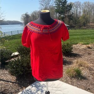 Red Embroidered Peasant Top Boho Cottagecore Blouse Stretch
